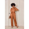 Ekouaer Women’s Satin Silky Pajama Set 2 Piece V Neck Silk Pjs with Pocket(Caramel Brown)