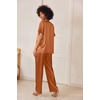 Ekouaer Women’s Satin Silky Pajama Set 2 Piece V Neck Silk Pjs with Pocket(Caramel Brown)