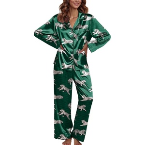Ekouaer Pajamas For Women Silk Pjs Long Sleeve Button Down Lounge Sets(Green With Tiger)