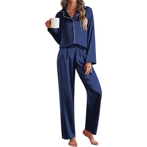 Ekouaer Pajamas For Women Silk Pjs Long Sleeve Button Down Lounge Sets(Navy Blue)