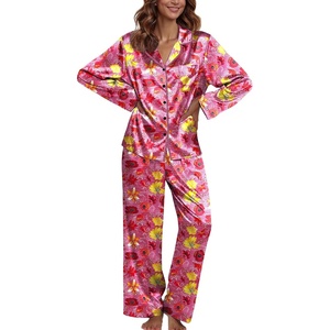 Ekouaer Pajamas For Women Silk Pjs Long Sleeve Button Down Lounge Sets(Rose Red With Flower)