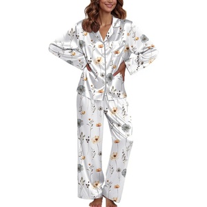 Ekouaer Pajamas For Women Silk Pjs Long Sleeve Button Down Lounge Sets(White Flower)