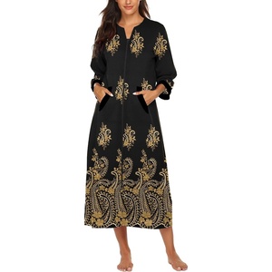 Ekouaer Robes for Women Zipper Robe 3/4 Sleeves Housecoat with Pockets(Black Gold Floral)