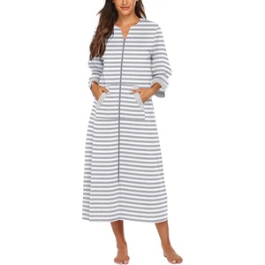 Ekouaer Robes for Women Zipper Robe 3/4 Sleeves Housecoat with Pockets(Grey White Stripe)