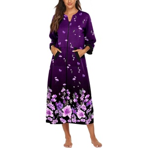 Ekouaer Robes for Women Zipper Robe 3/4 Sleeves Housecoat with Pockets(Purple Black Floral)