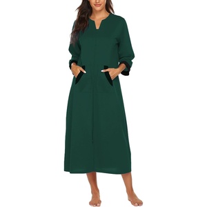 Ekouaer Robes for Women Zipper Robe 3/4 Sleeves Housecoat with Pockets(Style 1-dark Green)