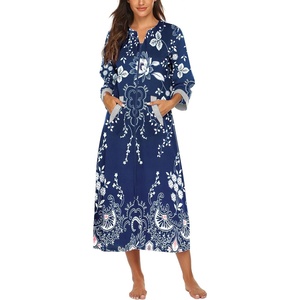 Ekouaer Robes for Women Zipper Robe 3/4 Sleeves Housecoat with Pockets(Style 1-evening Blue Vines)