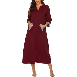 Ekouaer Robes for Women Zipper Robe 3/4 Sleeves Housecoat with Pockets(Style 1-wine Red)