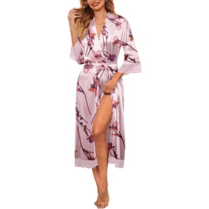 Ekouaer Silk Robes for Women Lace Trim Kimono Bathrobe Bridal Robe(Pink Flower)
