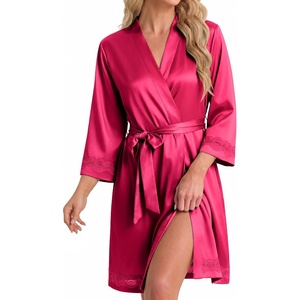 Ekouaer Women Silky Satin Robe Lace Bridesmaid Bathrobes Kimono Loungewear(Cherry Red)
