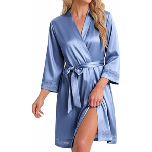 Ekouaer Women Silky Satin Robe Lace Bridesmaid Bathrobes Kimono Loungewear(Cobalt Blue)