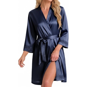 Ekouaer Women Silky Satin Robe Lace Bridesmaid Bathrobes Kimono Loungewear(Deep Blue)