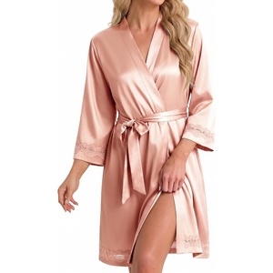 Ekouaer Women Silky Satin Robe Lace Bridesmaid Bathrobes Kimono Loungewear(Deep Pink_bean Paste)