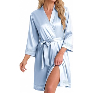Ekouaer Women Silky Satin Robe Lace Bridesmaid Bathrobes Kimono Loungewear(Grey Blue)