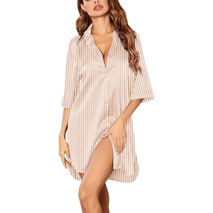 Ekouaer Womens Satin Button Down Nightshirt 3/4 Sleeve Boyfriend Nightgown(Stripes Champagne)