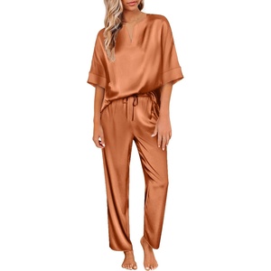 Ekouaer Women’s Satin Silky Pajama Set 2 Piece V Neck Silk Pjs with Pocket(Caramel Brown)