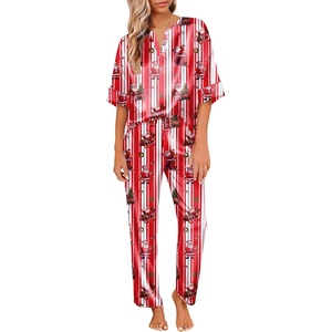 Ekouaer Women’s Satin Silky Pajama Set 2 Piece V Neck Silk Pjs with Pocket(Red Stripe Santa)