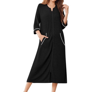 Ekouaer Zipper Robes for Women 3/4 Sleeve Bathrobe Lightweight House Coats(Black)