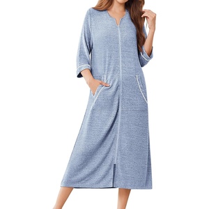 Ekouaer Zipper Robes for Women 3/4 Sleeve Bathrobe Lightweight House Coats(Light Blue)