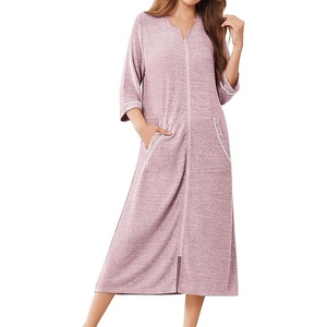 Ekouaer Zipper Robes for Women 3/4 Sleeve Bathrobe Lightweight House Coats(Light Pink)