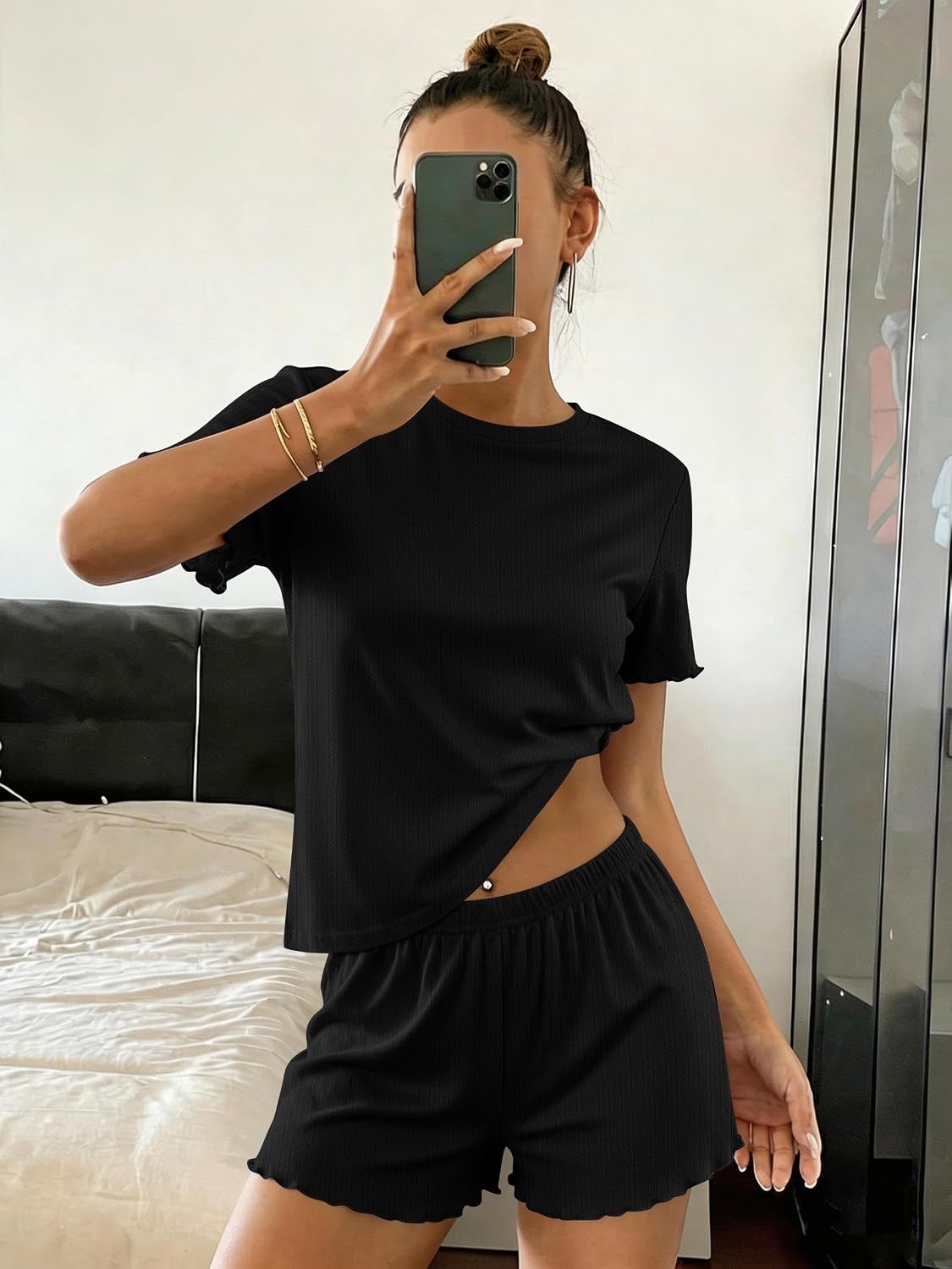 image:imageEkouaer Cute Pajama Sets for Women Summer Short Sleeve Lounge Sets SXXLBlack