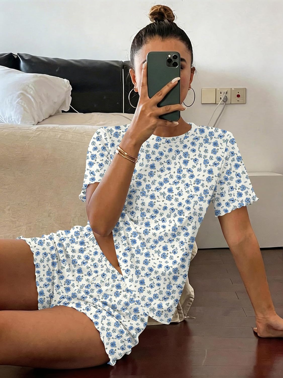 image:imageEkouaer Cute Pajama Sets for Women Summer Short Sleeve Lounge Sets SXXLBlue Floral
