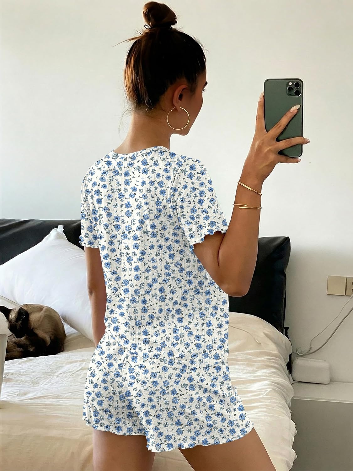 image:imageEkouaer Cute Pajama Sets for Women Summer Short Sleeve Lounge Sets SXXLBlue Floral