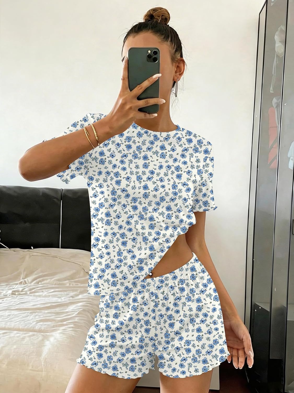 image:imageEkouaer Cute Pajama Sets for Women Summer Short Sleeve Lounge Sets SXXLBlue Floral