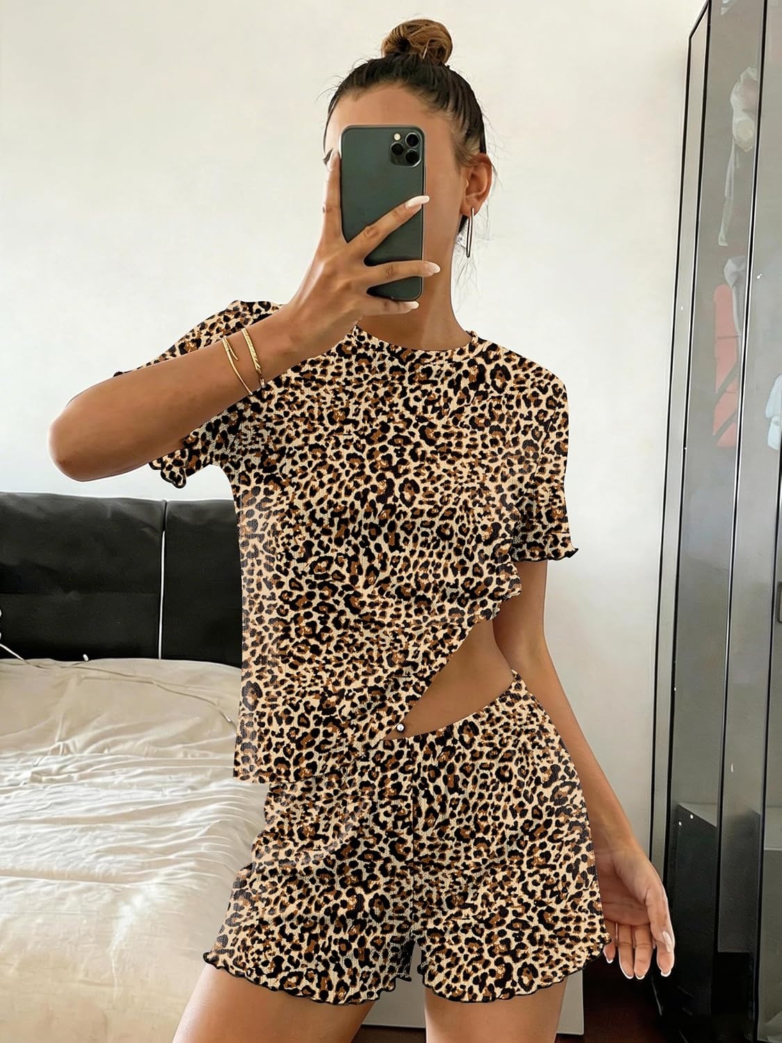 image:imageEkouaer Cute Pajama Sets for Women Summer Short Sleeve Lounge Sets SXXLBrown Leopard