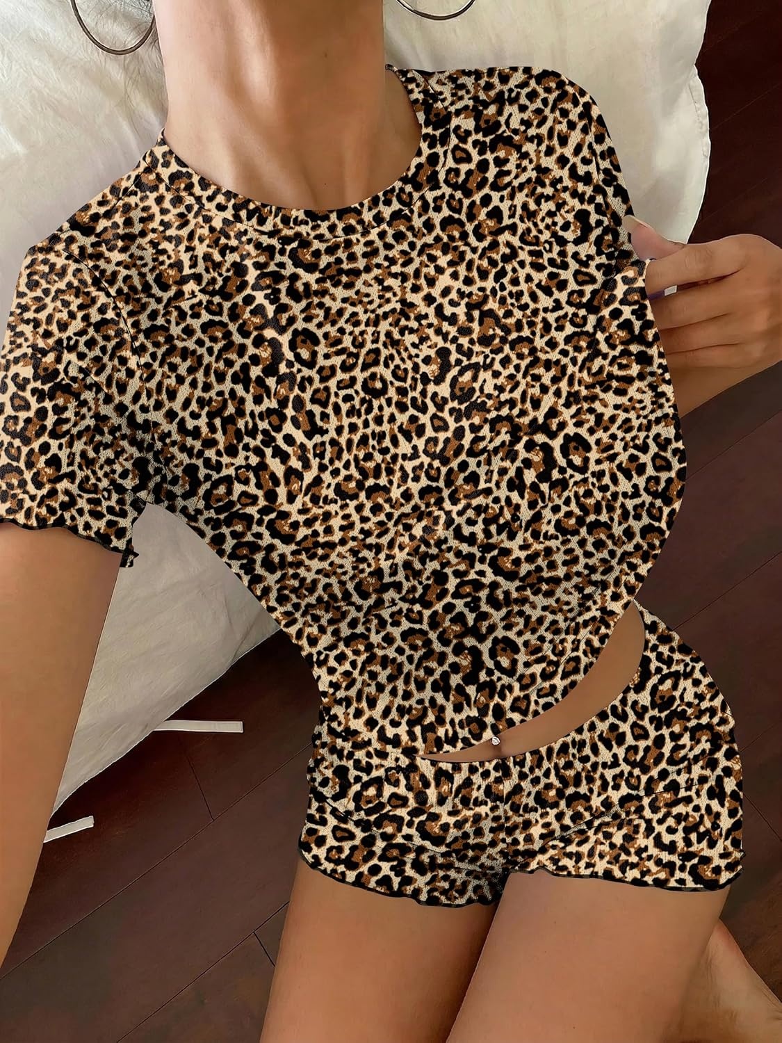 image:imageEkouaer Cute Pajama Sets for Women Summer Short Sleeve Lounge Sets SXXLBrown Leopard