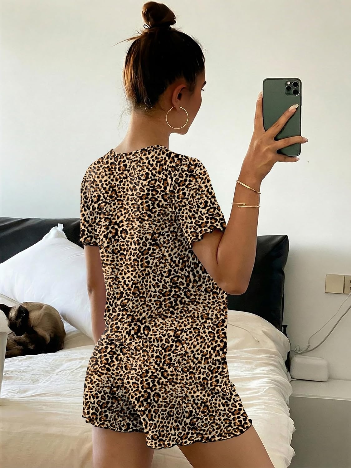 image:imageEkouaer Cute Pajama Sets for Women Summer Short Sleeve Lounge Sets SXXLBrown Leopard