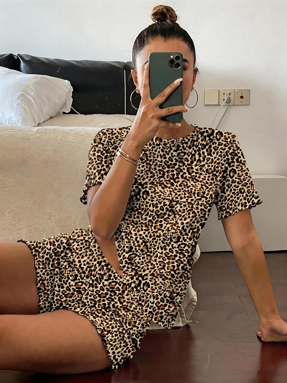 image:imageEkouaer Cute Pajama Sets for Women Summer Short Sleeve Lounge Sets SXXLBrown Leopard