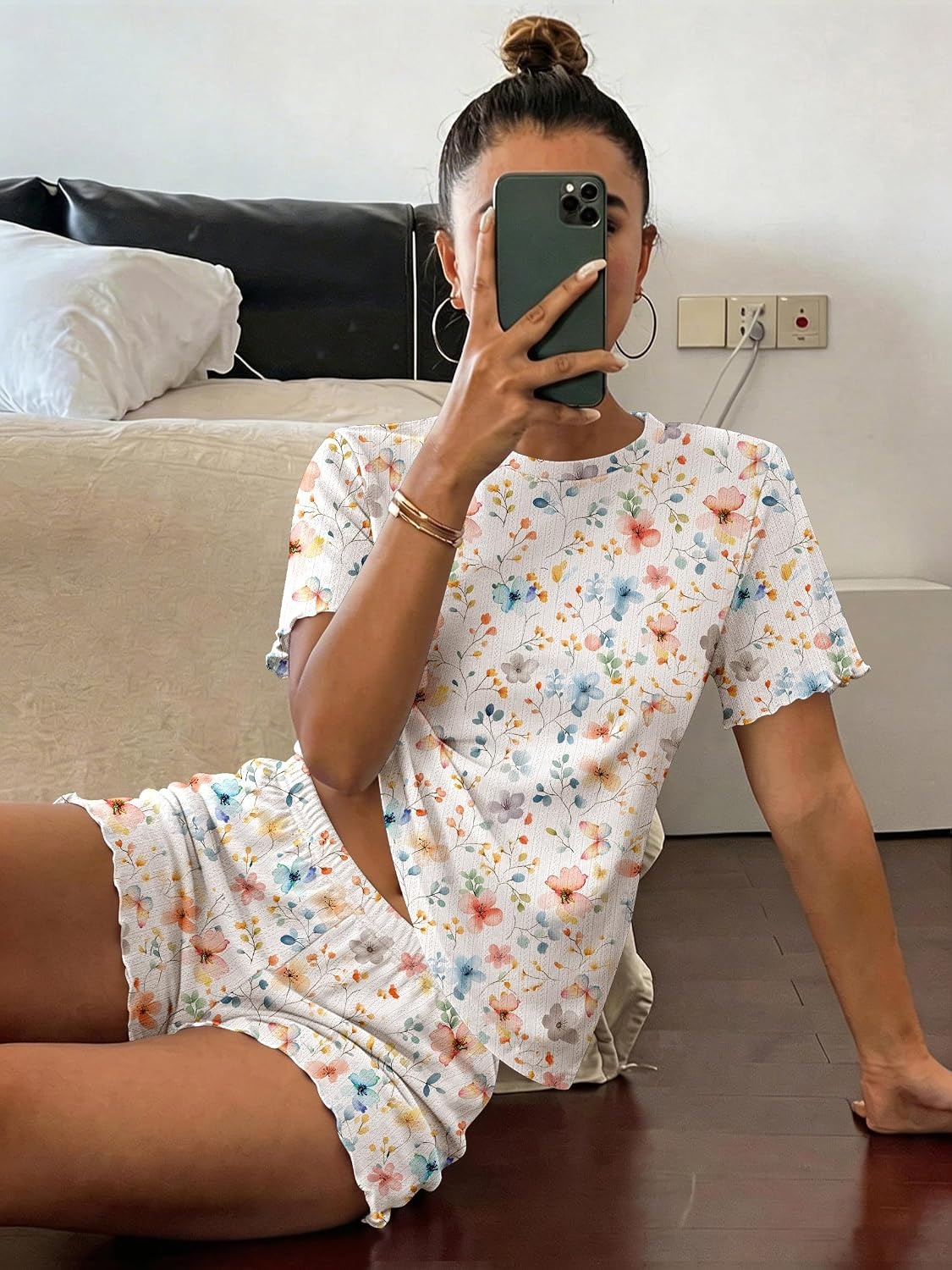 image:imageEkouaer Cute Pajama Sets for Women Summer Short Sleeve Lounge Sets SXXLColorful Flowers