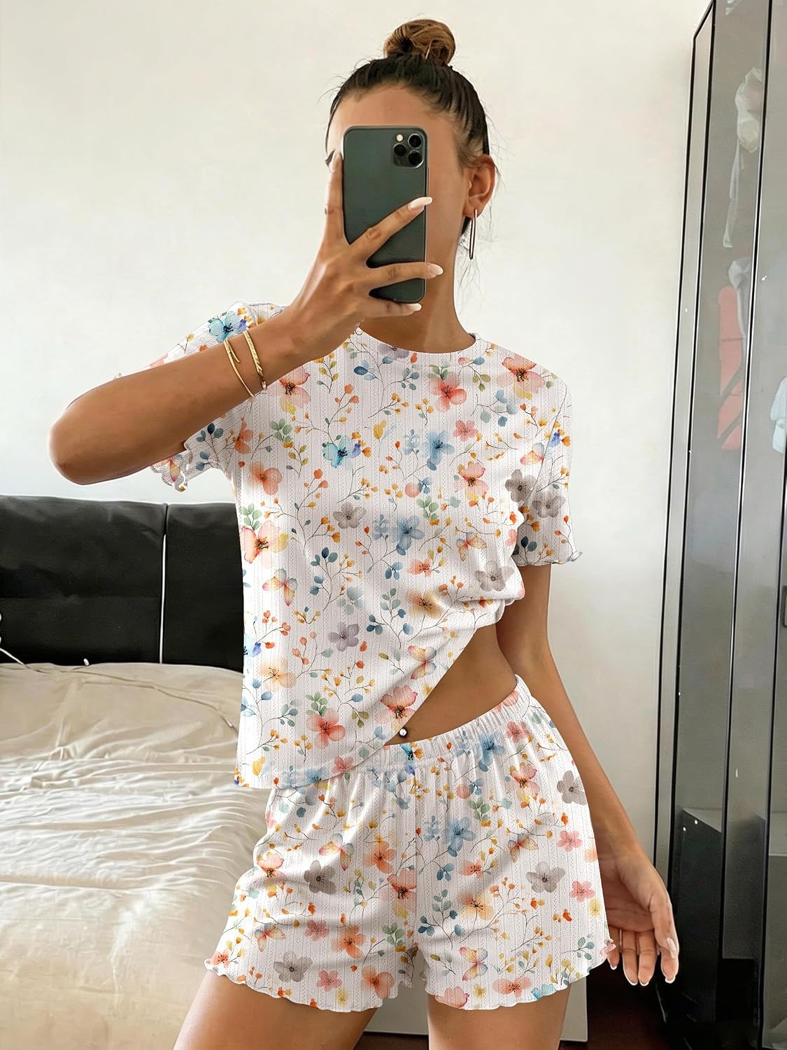 image:imageEkouaer Cute Pajama Sets for Women Summer Short Sleeve Lounge Sets SXXLColorful Flowers