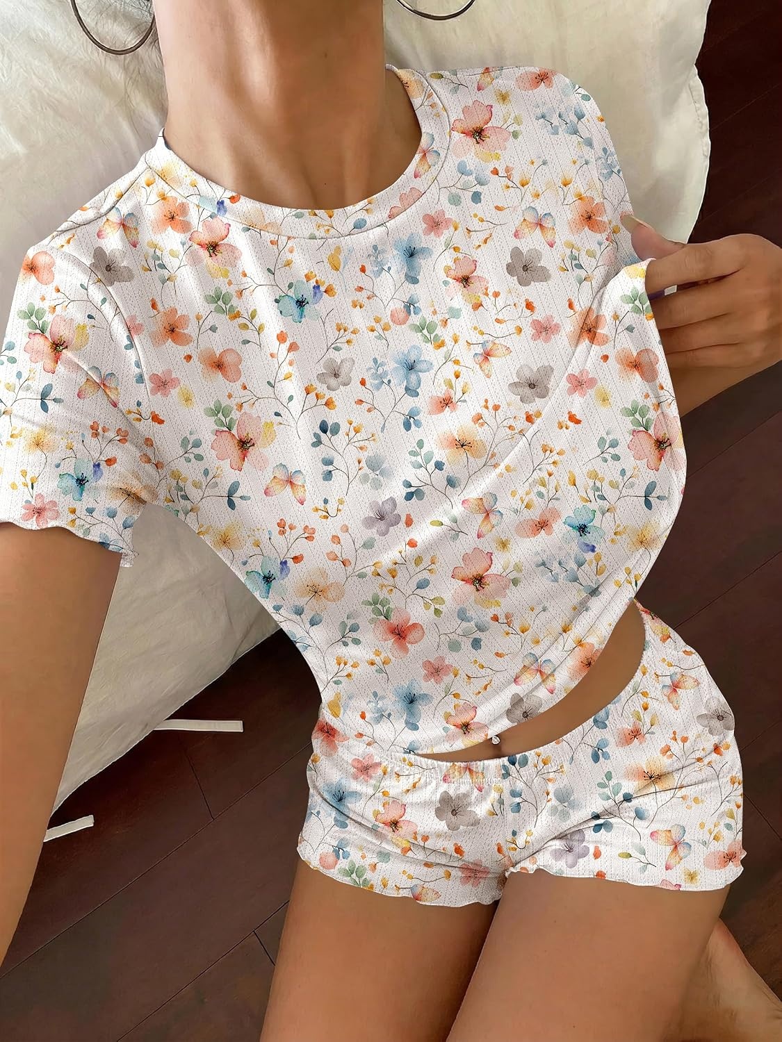 image:imageEkouaer Cute Pajama Sets for Women Summer Short Sleeve Lounge Sets SXXLColorful Flowers