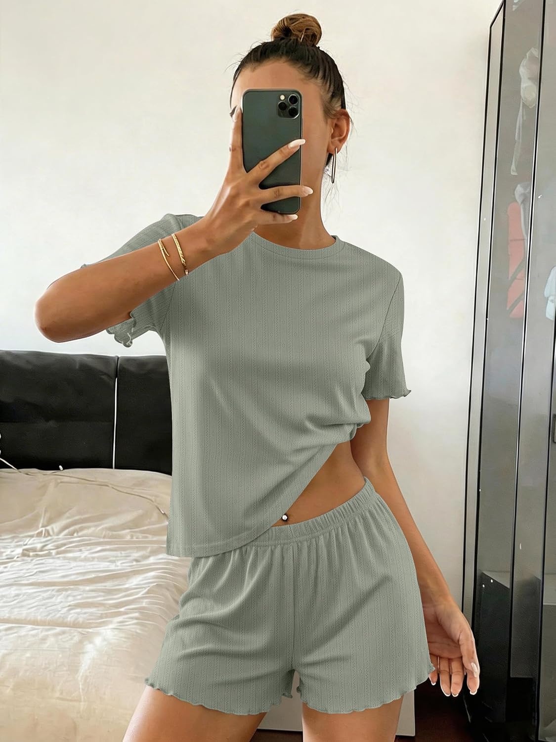 image:imageEkouaer Cute Pajama Sets for Women Summer Short Sleeve Lounge Sets SXXLGreen