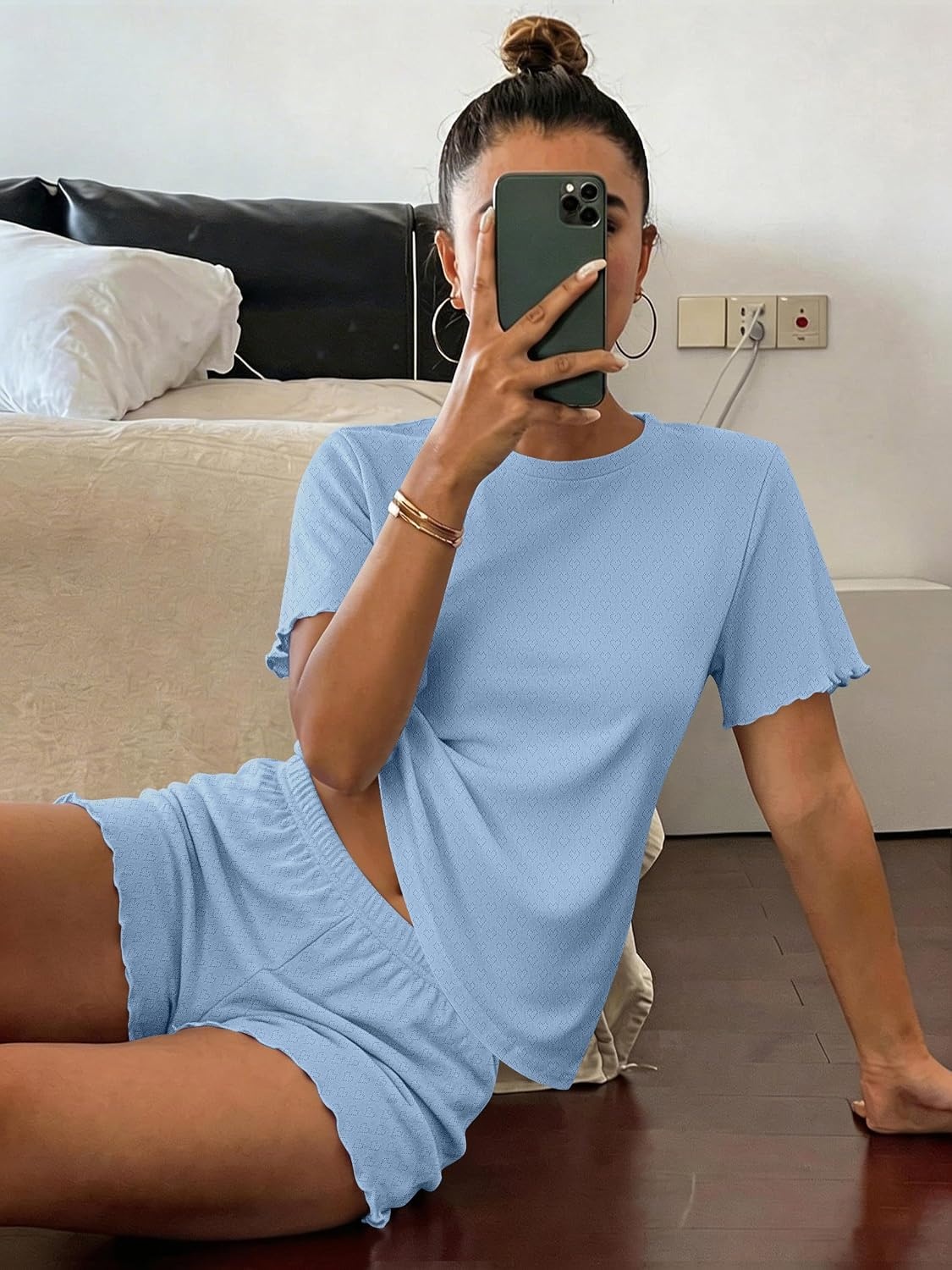 image:imageEkouaer Cute Pajama Sets for Women Summer Short Sleeve Lounge Sets SXXLLight Blue