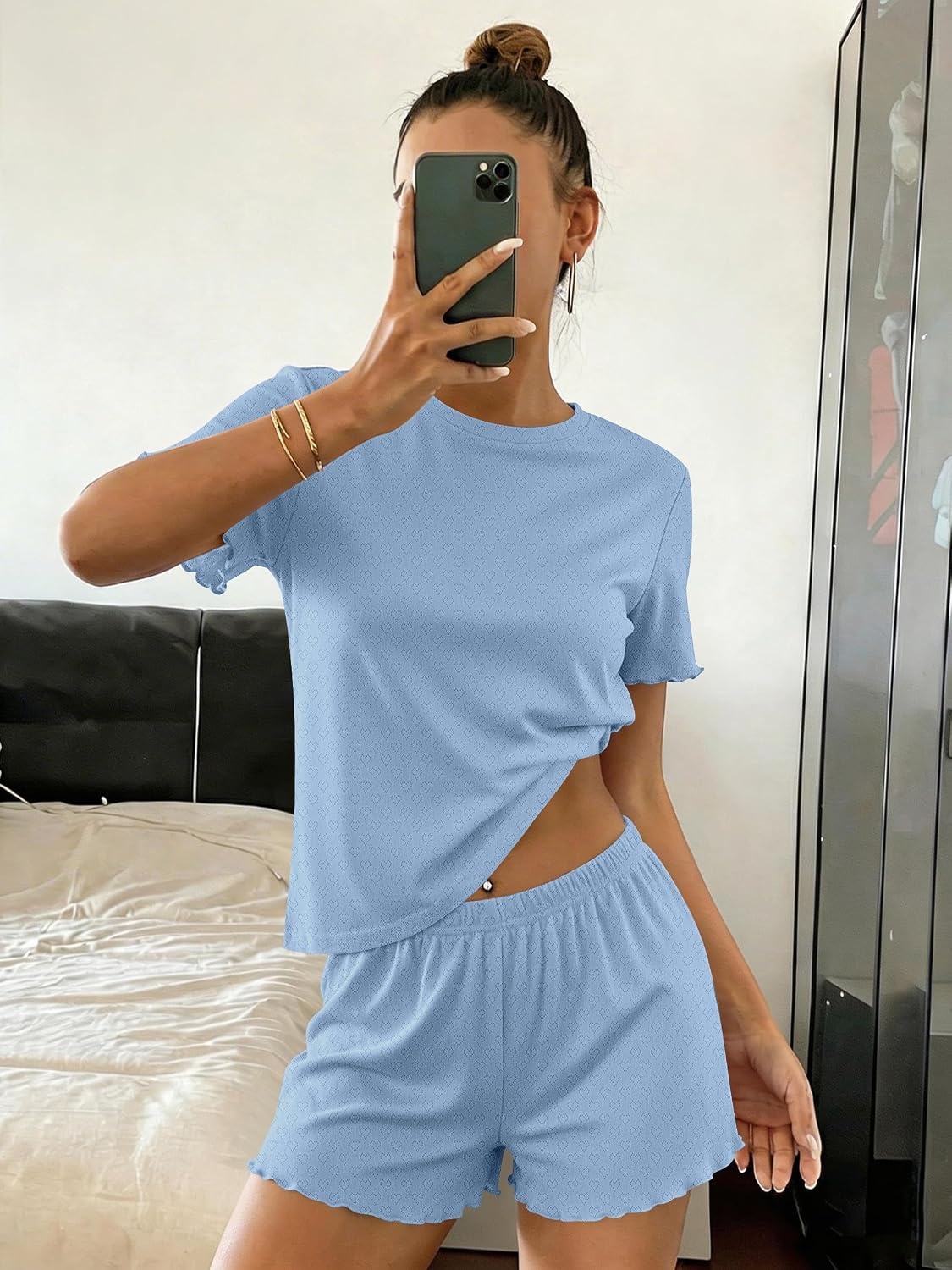 image:imageEkouaer Cute Pajama Sets for Women Summer Short Sleeve Lounge Sets SXXLLight Blue