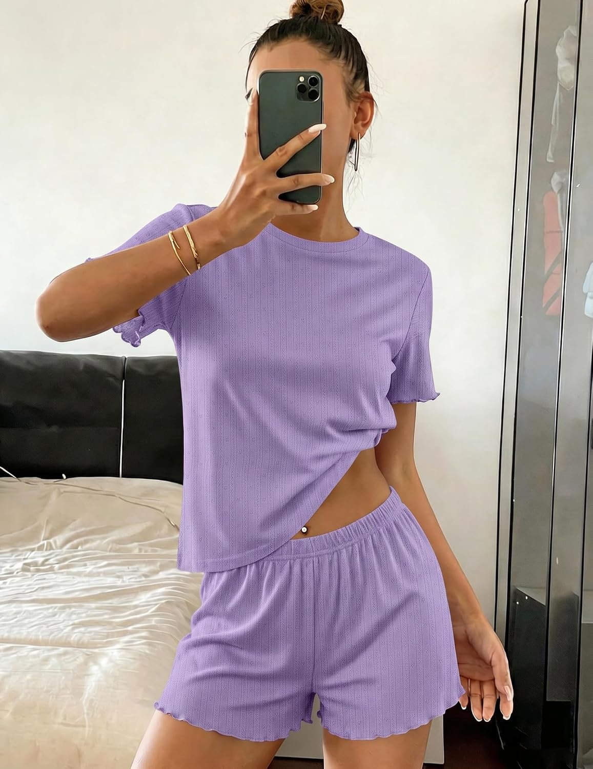 image:imageEkouaer Cute Pajama Sets for Women Summer Short Sleeve Lounge Sets SXXLLilac