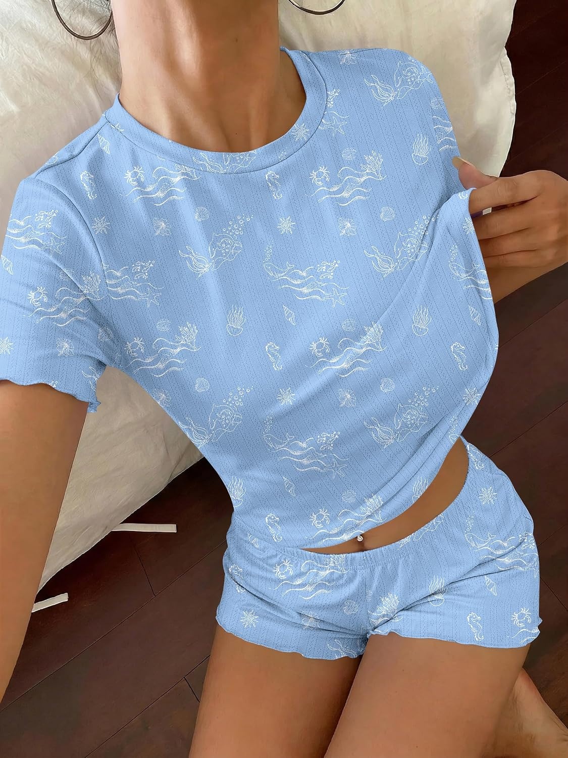 image:imageEkouaer Cute Pajama Sets for Women Summer Short Sleeve Lounge Sets SXXLOcean Blue