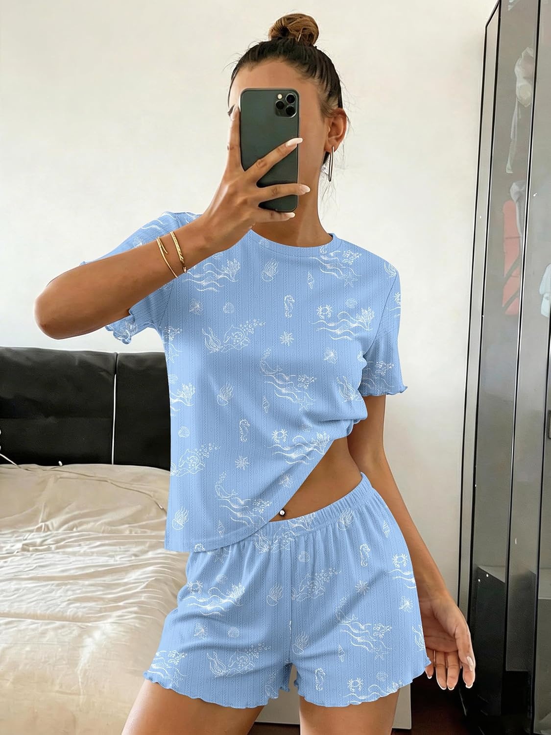 image:imageEkouaer Cute Pajama Sets for Women Summer Short Sleeve Lounge Sets SXXLOcean Blue