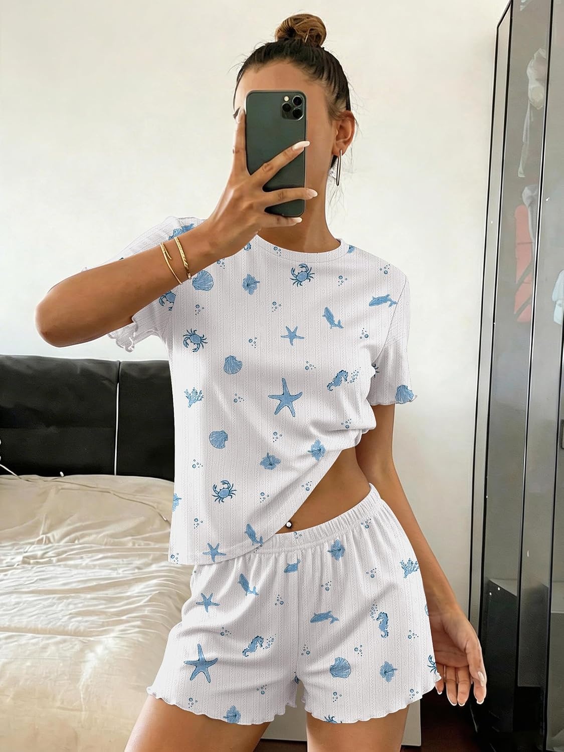 image:imageEkouaer Cute Pajama Sets for Women Summer Short Sleeve Lounge Sets SXXLOcean White