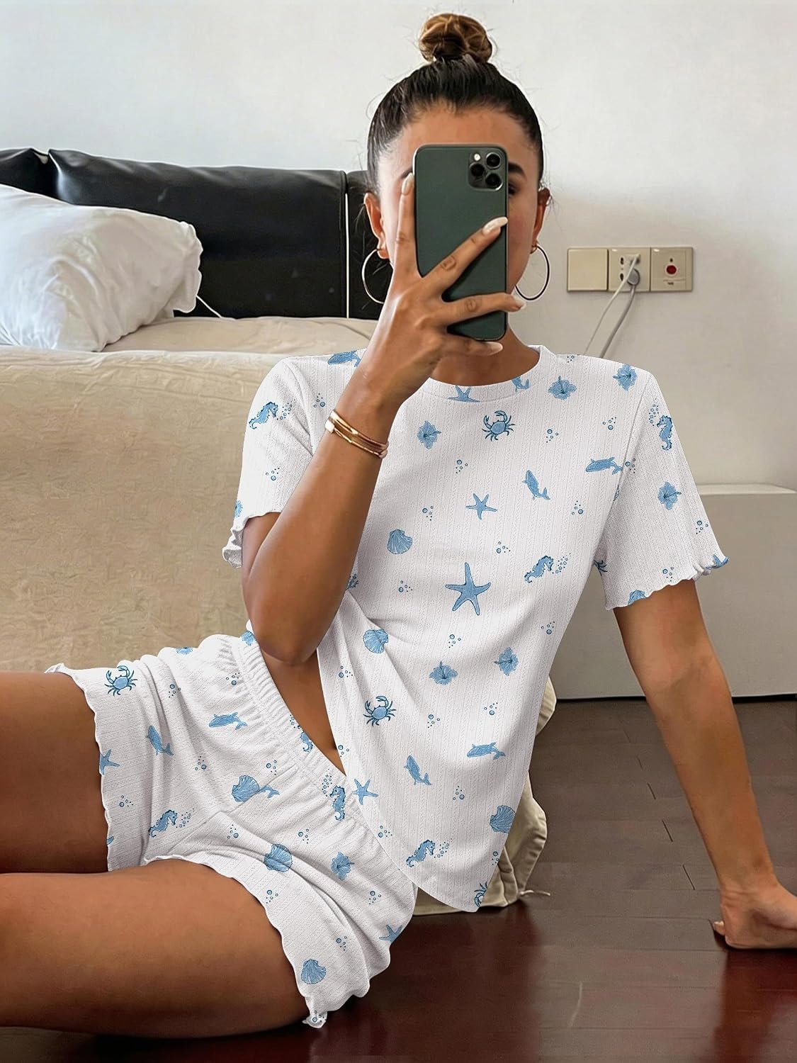 image:imageEkouaer Cute Pajama Sets for Women Summer Short Sleeve Lounge Sets SXXLOcean White