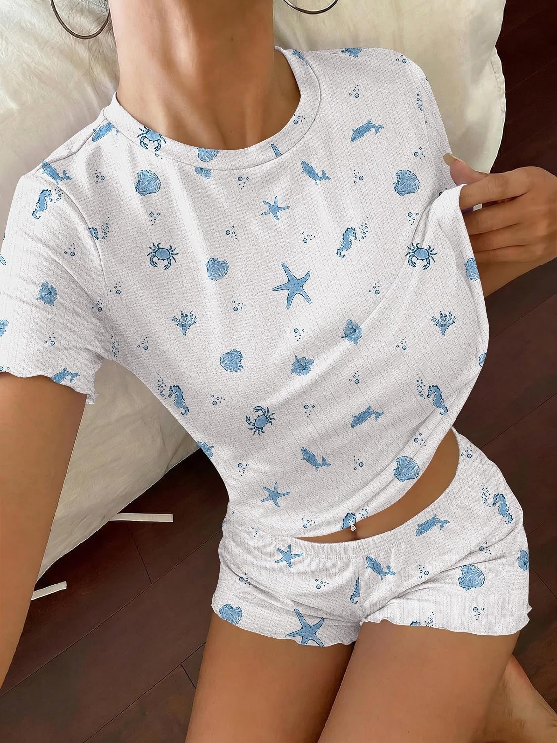 image:imageEkouaer Cute Pajama Sets for Women Summer Short Sleeve Lounge Sets SXXLOcean White