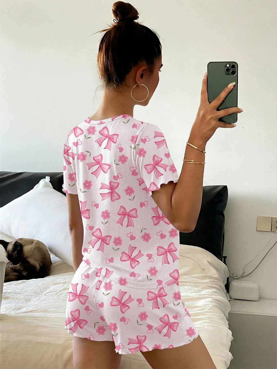 image:imageEkouaer Cute Pajama Sets for Women Summer Short Sleeve Lounge Sets SXXLPink Bow