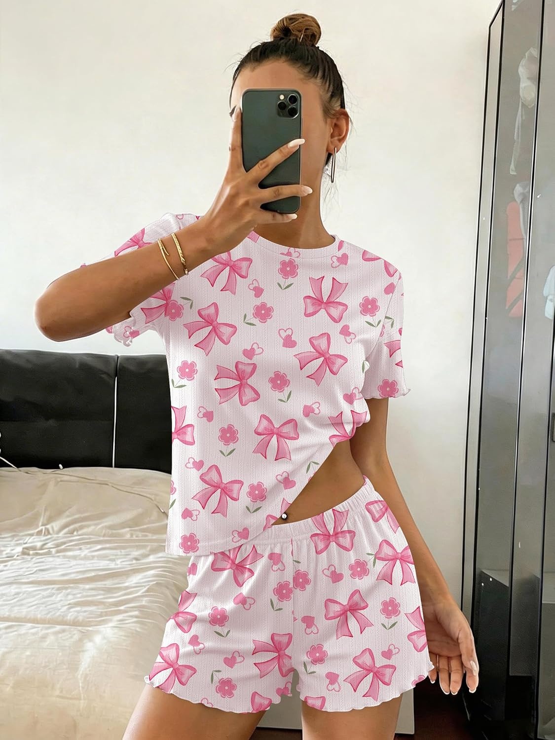 image:imageEkouaer Cute Pajama Sets for Women Summer Short Sleeve Lounge Sets SXXLPink Bow