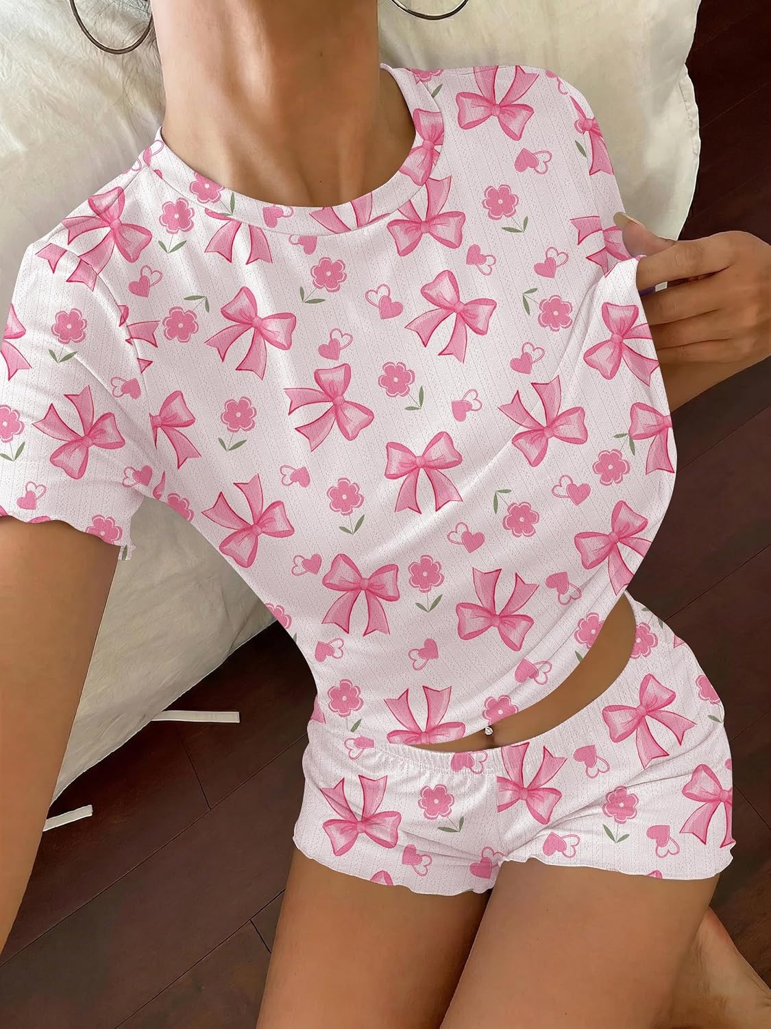 image:imageEkouaer Cute Pajama Sets for Women Summer Short Sleeve Lounge Sets SXXLPink Bow