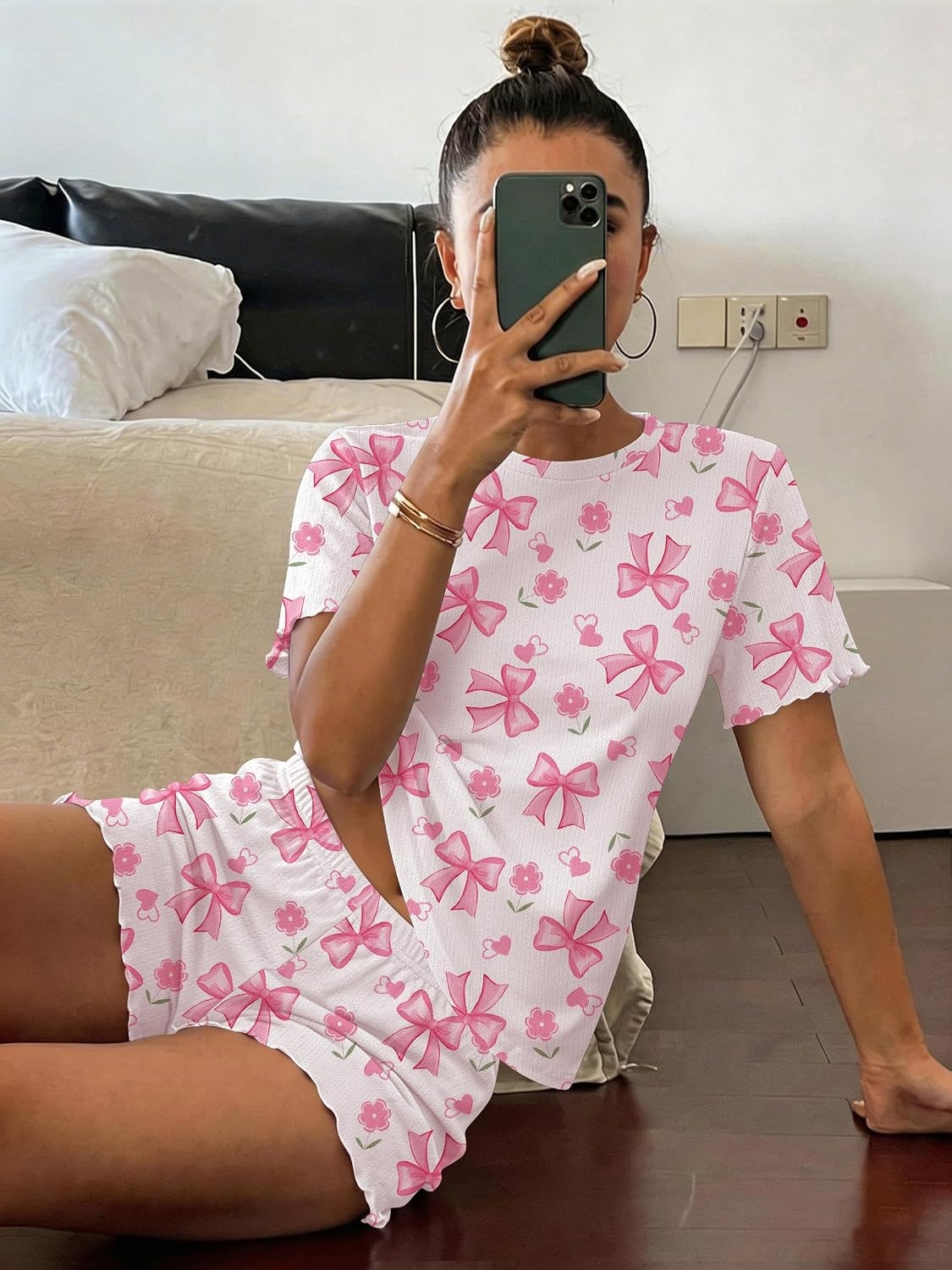image:imageEkouaer Cute Pajama Sets for Women Summer Short Sleeve Lounge Sets SXXLPink Bow