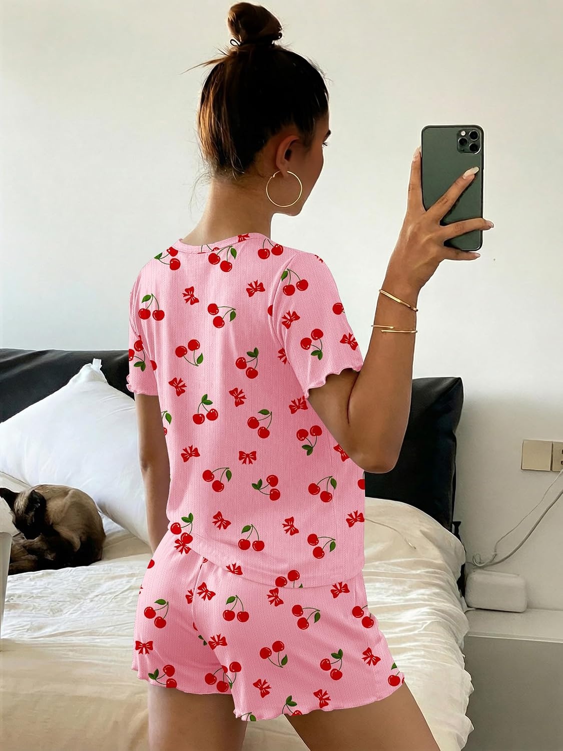 image:imageEkouaer Cute Pajama Sets for Women Summer Short Sleeve Lounge Sets SXXLPink Cherry