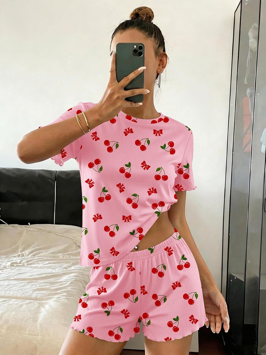 image:imageEkouaer Cute Pajama Sets for Women Summer Short Sleeve Lounge Sets SXXLPink Cherry